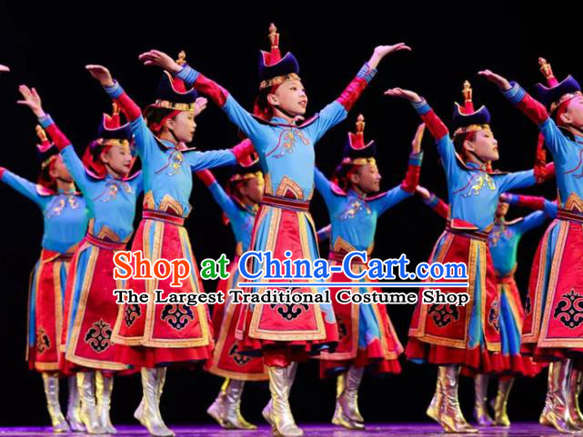 Chinese Mongol Nationality Folk Dance Blue Dress Outfits Traditional Ethnic Girl Clothing Mongolian Minority Stage Performance Costumes