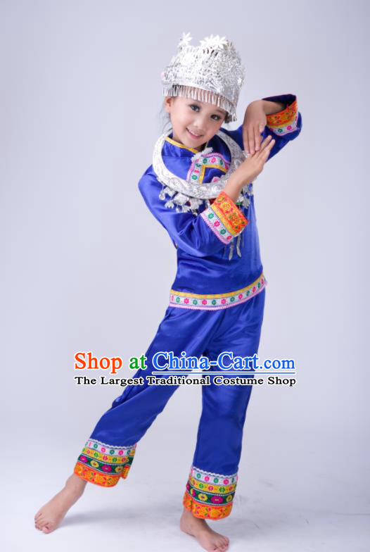 Chinese Tujia Minority Stage Performance Costumes Dong Nationality Folk Dance Royalblue Outfits Traditional Xiangxi Ethnic Girl Clothing