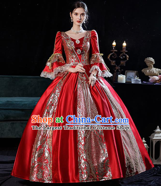 Top European Middle Ages Female Clothing Western Court Red Bubble Dress Renaissance Style Princess Garment Costume French Noble Lady Attire