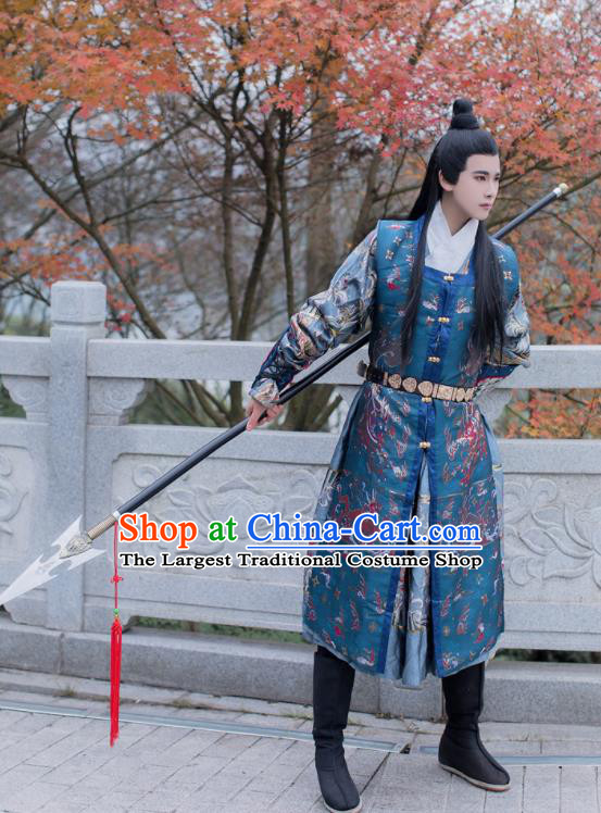 China Ming Dynasty Imperial Guard Historical Clothing Traditional Flying Fish Blue Brocade Vest Ancient Swordsman Garment Costume