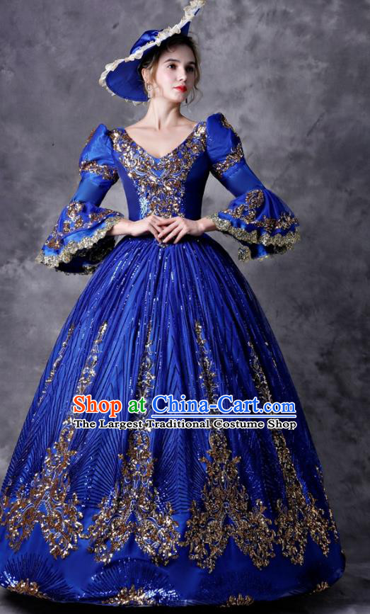 Top European Drama Performance Clothing Western Renaissance Style Royalblue Full Dress Christmas Garment Costume England Court Princess Formal Attire