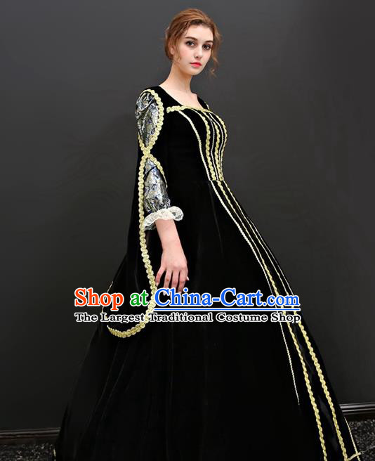 Top European Drama Performance Clothing Western Court Black Velvet Full Dress Renaissance Style Garment Costume French Queen Formal Attire