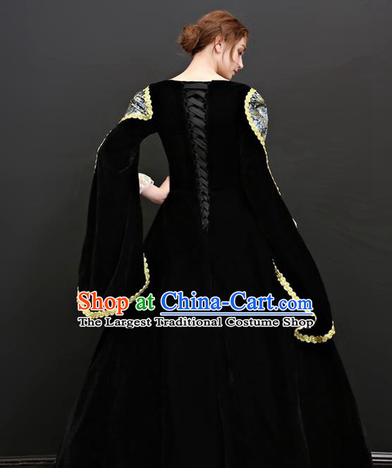 Top European Drama Performance Clothing Western Court Black Velvet Full Dress Renaissance Style Garment Costume French Queen Formal Attire