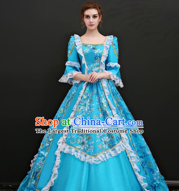 Top Western Ballroom Dance Blue Full Dress Renaissance Style Garment Costume French Princess Formal Attire European Court Clothing