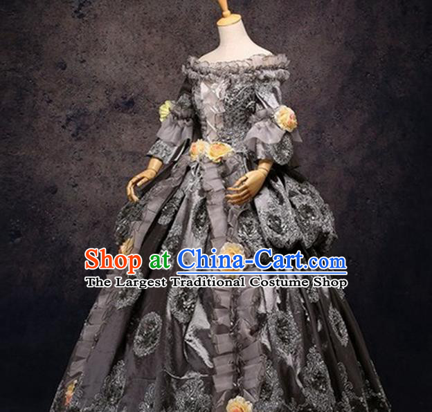 Top Western Drama Grey Lace Full Dress Christmas Ballroom Dance Garment Costume England Royal Princess Formal Attire European Court Queen Clothing