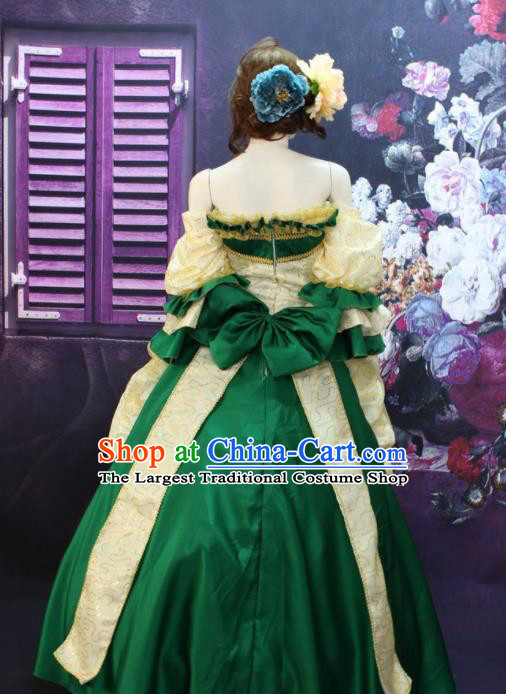 Top European Queen Clothing Western Drama Performance Green Satin Full Dress Christmas Ballroom Dance Garment Costume England Empress Formal Attire