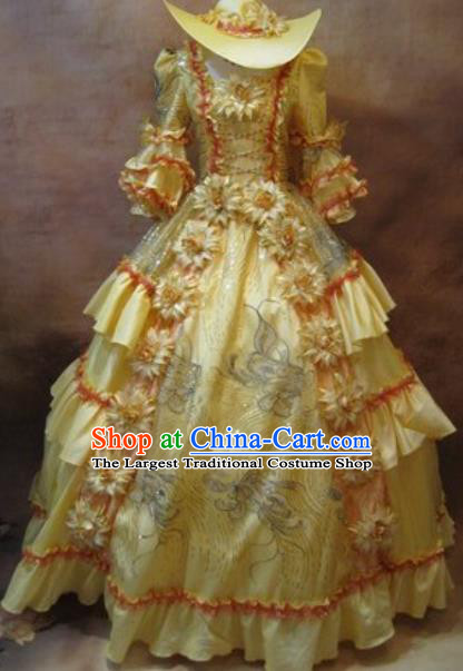 Top Western Renaissance Style Garment Costume Christmas Ballroom Dance Formal Attire European Drama Clothing England Queen Yellow Full Dress