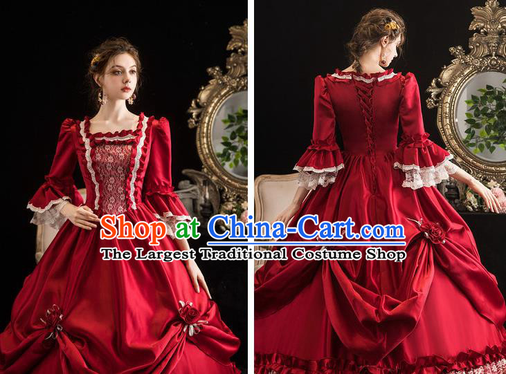Top Christmas Dance Party Formal Attire European Noble Lady Clothing French Drama Performance Wine Red Full Dress Western Court Garment Costume