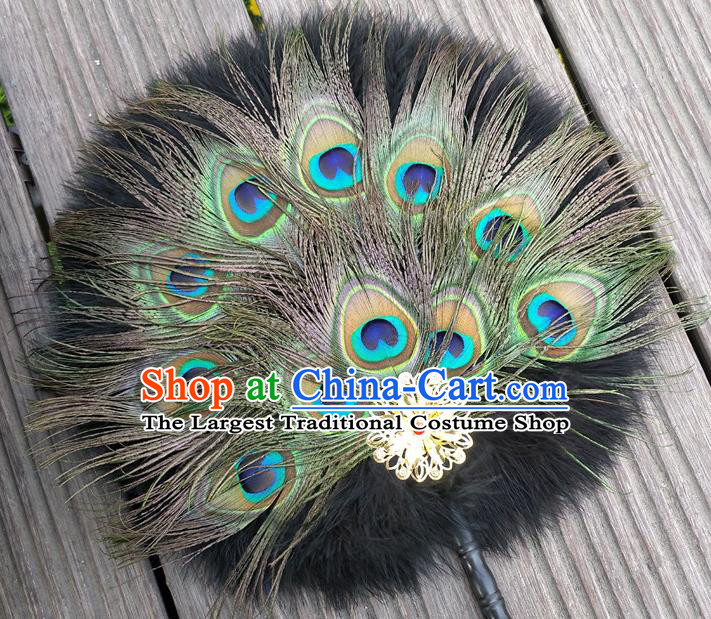 Chinese Traditional Hanfu Palace Fan Handmade Circular Fans Classical Dance Fan Ancient Swordsman Peacock Feather Fan
