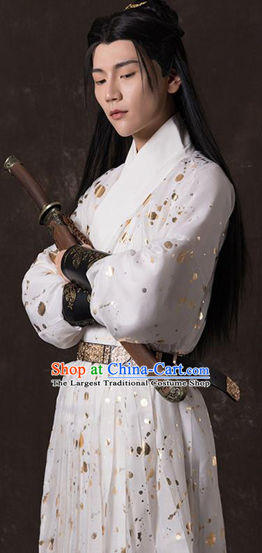 China Ming Dynasty Imperial Guard Flying Fish Garment Traditional Hanfu White Brocade Robe Ancient Swordsman Historical Clothing