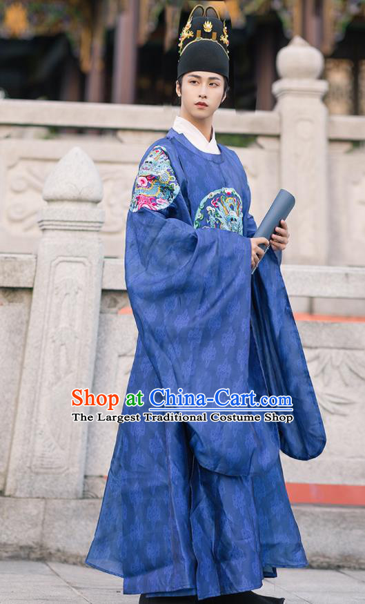 China Ancient Royal Prince Historical Clothing Ming Dynasty Emperor Official Garment Traditional Hanfu Blue Brocade Robe
