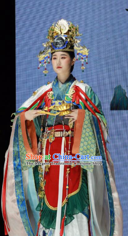 China Ancient Goddess Queen Hanfu Dress Clothing Zhou Dynasty Empress Apparels Traditional Dunhuang Grottoes Murals Replica Garment Costumes Complete Set