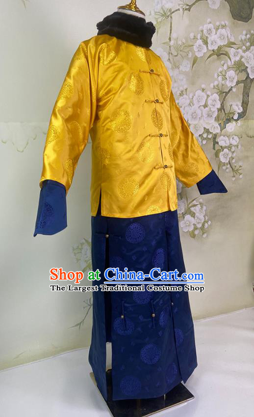 China Ancient Prince Yellow Mandarin Jacket Drama Royal Highness Clothing Qing Dynasty Manchu Male Garment Costumes