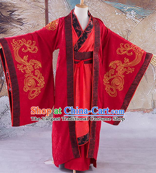 China Ancient Emperor Red Robe Drama Royal Highness Hanfu Clothing Han Dynasty Wedding Bridegroom Garment Costumes