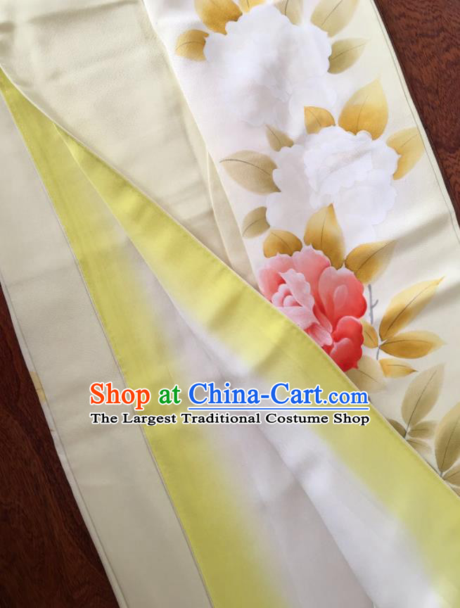 Japan Traditional Beige Yukata Dress Classical Camellia Pattern Tsukesage Kimono Clothing Young Woman Garment Costume