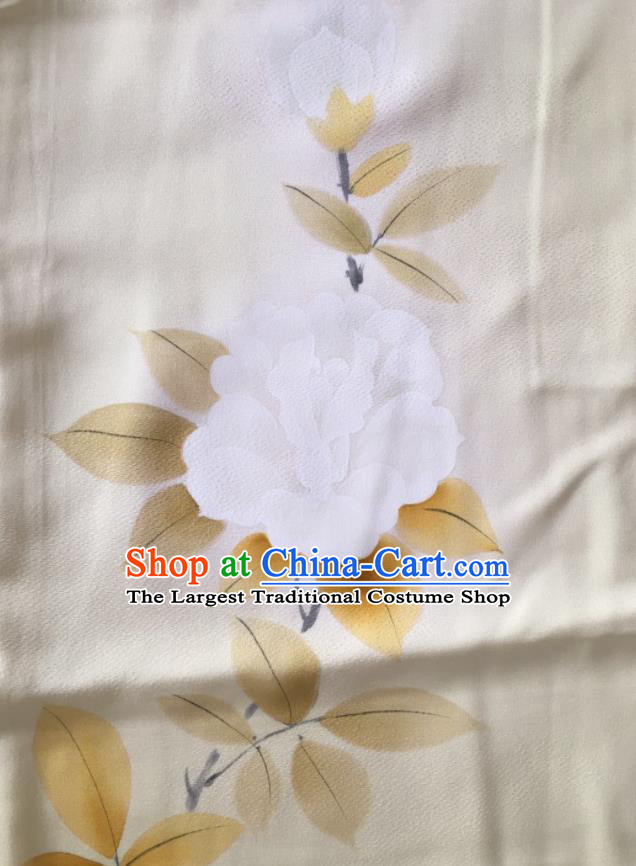 Japan Traditional Beige Yukata Dress Classical Camellia Pattern Tsukesage Kimono Clothing Young Woman Garment Costume