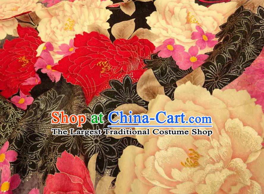 Japan Wedding Bride Garment Costume Traditional Black Yukata Dress Classical Peony Pattern Furisode Kimono Clothing