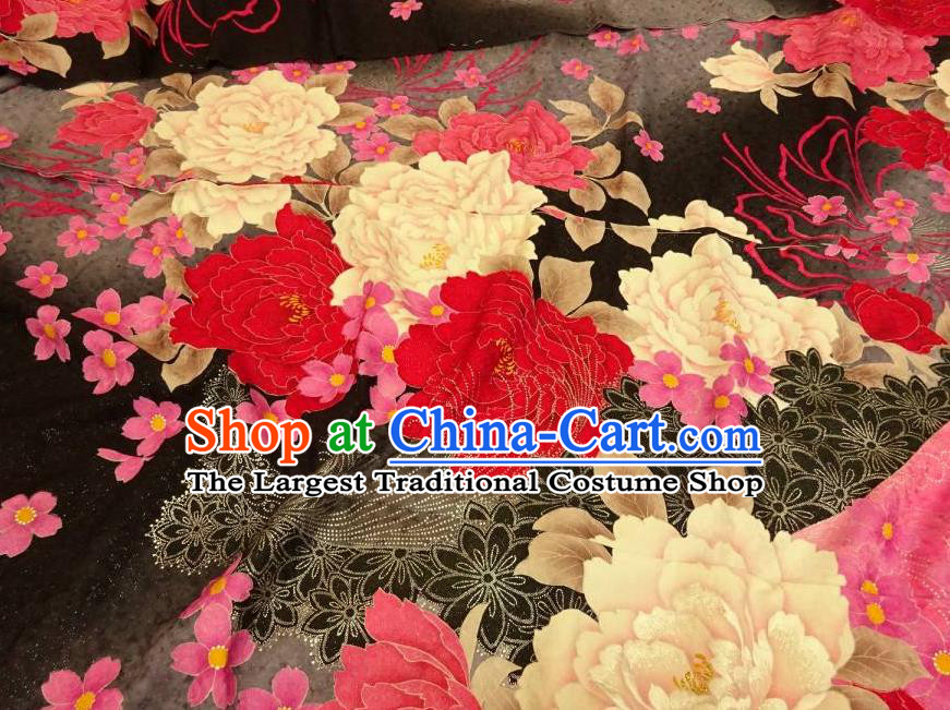 Japan Wedding Bride Garment Costume Traditional Black Yukata Dress Classical Peony Pattern Furisode Kimono Clothing