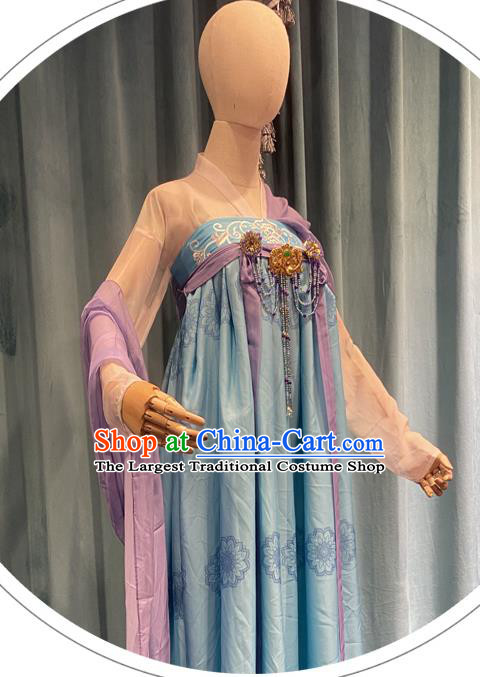 Chinese Tang Dynasty Palace Lady Blue Dress Outfits Traditional Drama Chang Ge Xing Li Leyan Garment Costumes Ancient Young Beauty Clothing