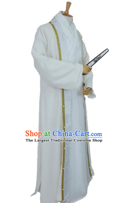 China Ancient Swordsman White Robe Apparels Drama The Legend of Fei Xie Yun Clothing Ming Dynasty Young Childe Garment Costumes