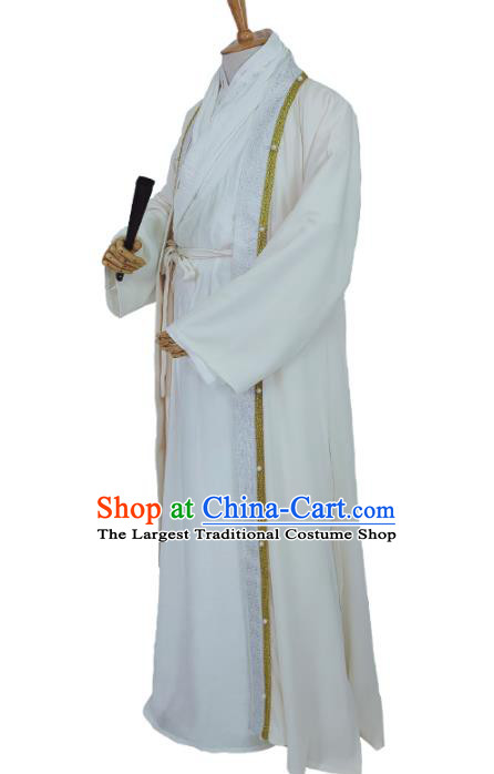 China Ancient Swordsman White Robe Apparels Drama The Legend of Fei Xie Yun Clothing Ming Dynasty Young Childe Garment Costumes