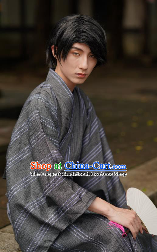 Japanese Ancient Warrior Apparels Asian Traditional Grey Yukata Robe Summer Festival Male Clothing