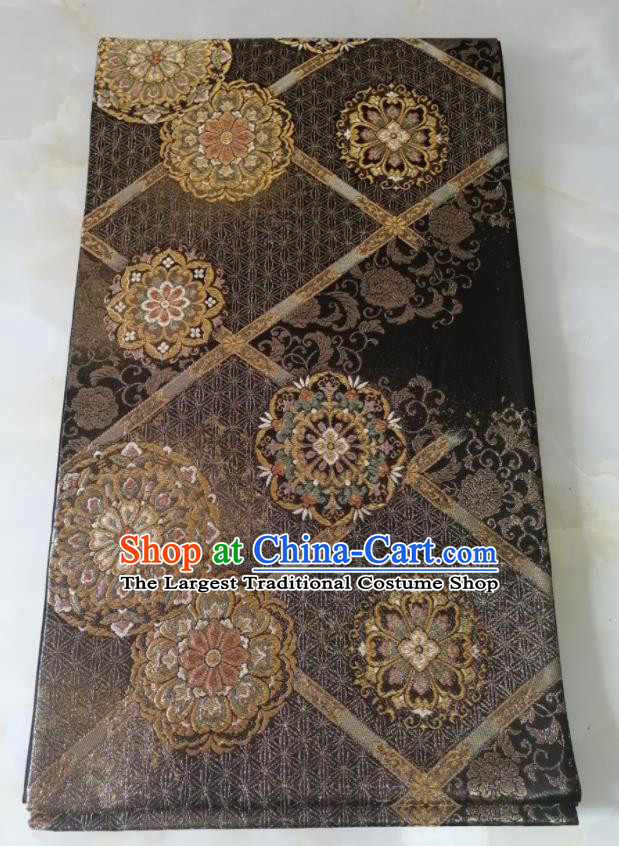 Japanese Women Kimono Dress Corset Accessories Traditional Yukata Nishijin Belt Classical Flowers Pattern Black Brocade Waistband