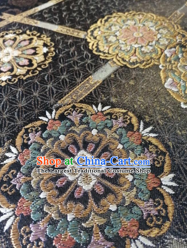 Japanese Women Kimono Dress Corset Accessories Traditional Yukata Nishijin Belt Classical Flowers Pattern Black Brocade Waistband