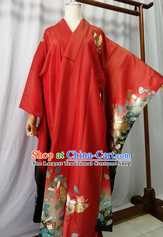 Japan Orthodox Garment Costume Court Woman Printing Butterfly Yukata Dress Traditional Wedding Red Furisode Kimono Clothing