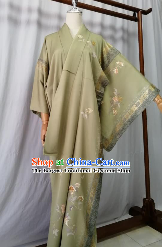 Japan Traditional Green Silk Tsukesage Kimono Clothing Orthodox Garment Costume Court Woman Printing Flowers Yukata Dress