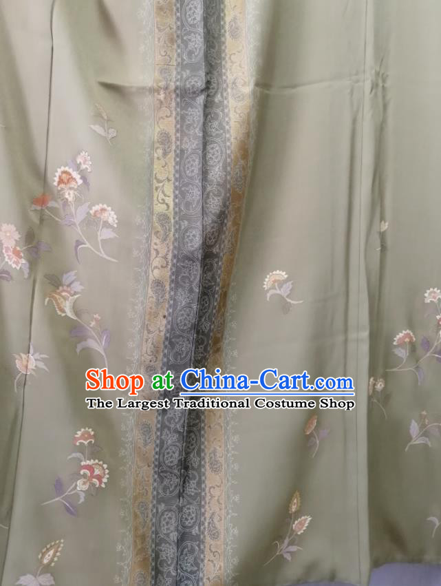 Japan Traditional Green Silk Tsukesage Kimono Clothing Orthodox Garment Costume Court Woman Printing Flowers Yukata Dress