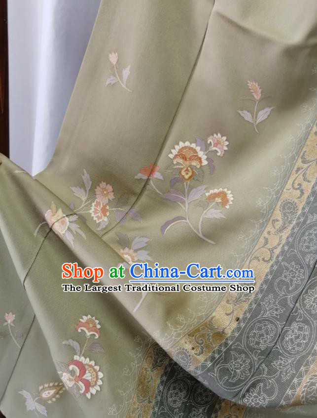 Japan Traditional Green Silk Tsukesage Kimono Clothing Orthodox Garment Costume Court Woman Printing Flowers Yukata Dress