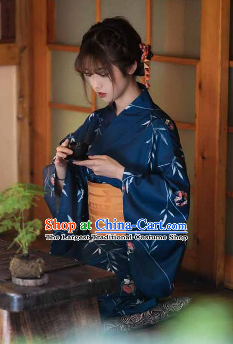 Japan Traditional Photography Kimono Costume Summer Festival Printing Maple Leaf Blue Yukata Dress Young Lady Hot Spring Fashion Garment