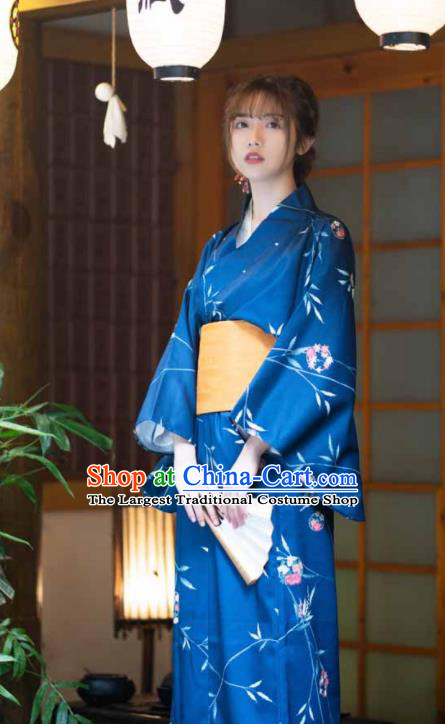 Japan Traditional Photography Kimono Costume Summer Festival Printing Maple Leaf Blue Yukata Dress Young Lady Hot Spring Fashion Garment