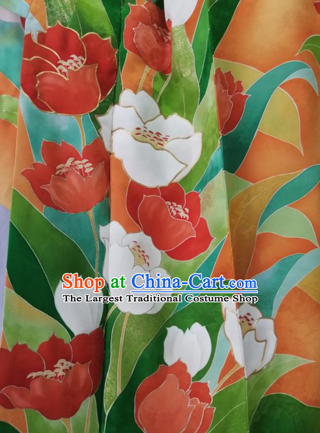 Japan Kyoto Yellow Yukata Dress Traditional Tulip Pattern Furisode Kimono Clothing Court Empress Garment Costume