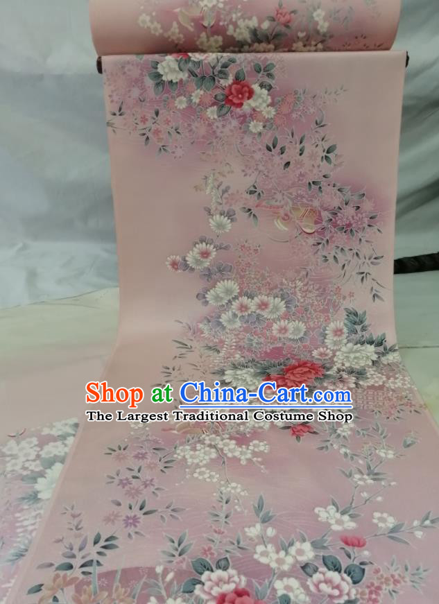 Japanese Classical Peony Pattern Waistband Material Women Kimono Dress Corset Accessories Traditional Yukata Belt Pink Silk Fabric