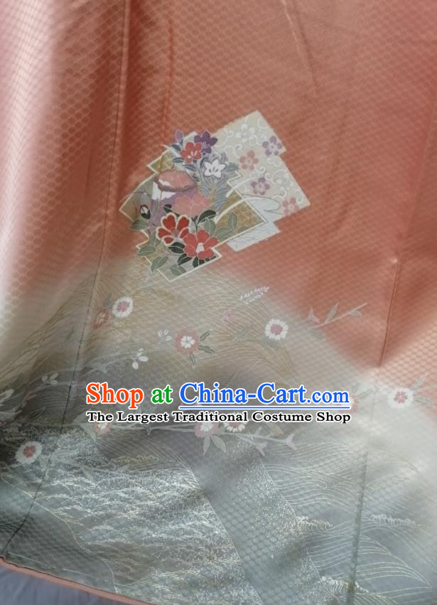 Japan Court Woman Garment Costume Kyoto Embroidered Orange Yukata Dress Traditional Pattern Tsukesage Kimono Clothing
