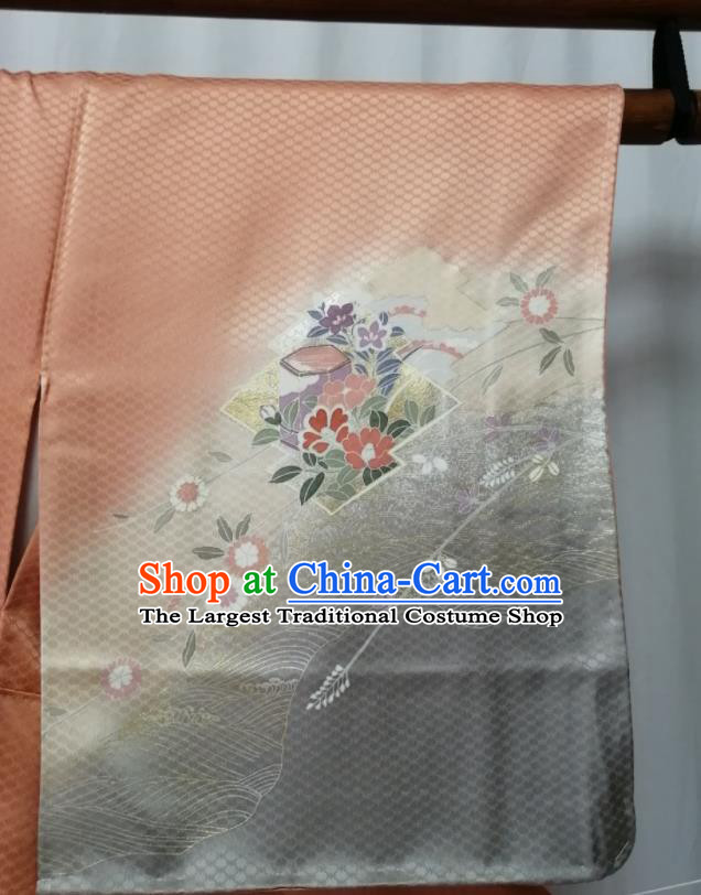 Japan Court Woman Garment Costume Kyoto Embroidered Orange Yukata Dress Traditional Pattern Tsukesage Kimono Clothing