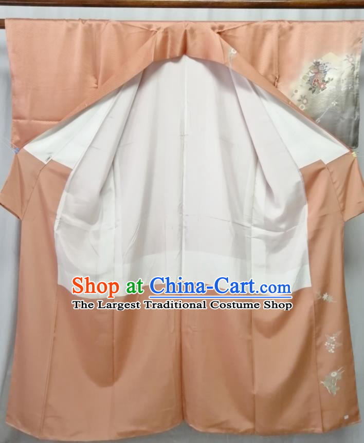 Japan Court Woman Garment Costume Kyoto Embroidered Orange Yukata Dress Traditional Pattern Tsukesage Kimono Clothing