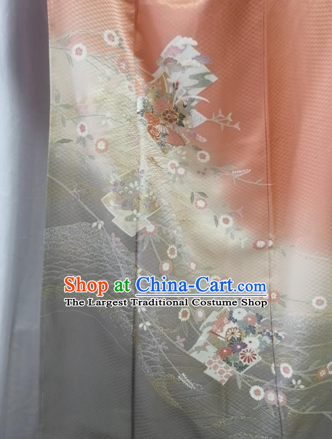 Japan Court Woman Garment Costume Kyoto Embroidered Orange Yukata Dress Traditional Pattern Tsukesage Kimono Clothing
