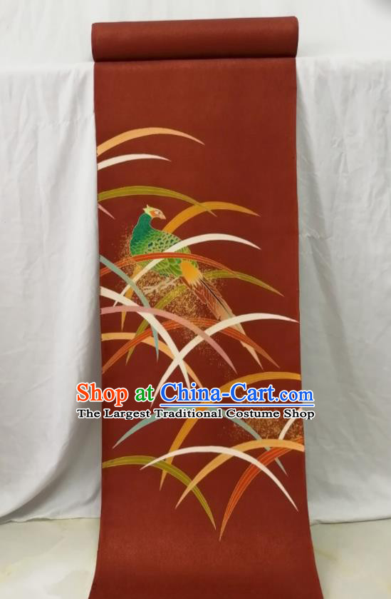 Japanese Traditional Yukata Belt Rust Red Silk Fabric Classical Embroidered Pattern Waistband Material Women Kimono Dress Corset Accessories