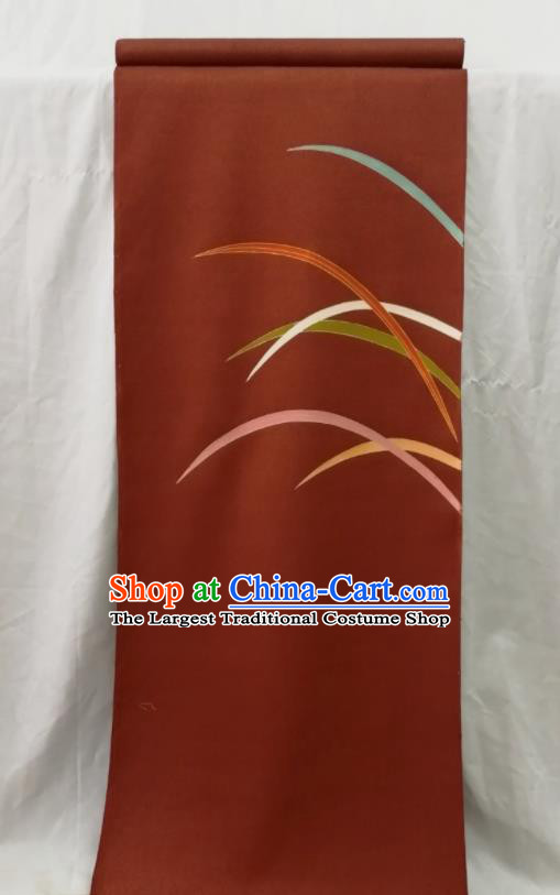 Japanese Traditional Yukata Belt Rust Red Silk Fabric Classical Embroidered Pattern Waistband Material Women Kimono Dress Corset Accessories