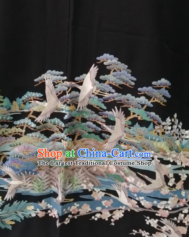 Japanese Traditional Embroidered Crane Black Yukata Robe Male Kurotomesode Kimono Clothing Asian Stage Performance Apparel