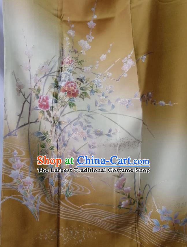 Japan Traditional Plum Peony Pattern Tsukesage Kimono Clothing Young Lady Garment Costume Kyoto Ginger Yukata Dress