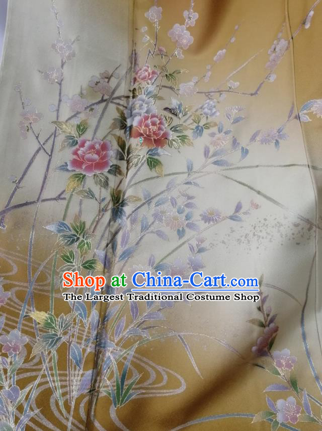 Japan Traditional Plum Peony Pattern Tsukesage Kimono Clothing Young Lady Garment Costume Kyoto Ginger Yukata Dress