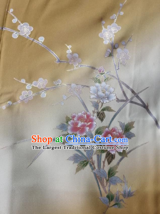 Japan Traditional Plum Peony Pattern Tsukesage Kimono Clothing Young Lady Garment Costume Kyoto Ginger Yukata Dress