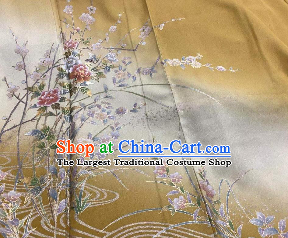 Japan Traditional Plum Peony Pattern Tsukesage Kimono Clothing Young Lady Garment Costume Kyoto Ginger Yukata Dress
