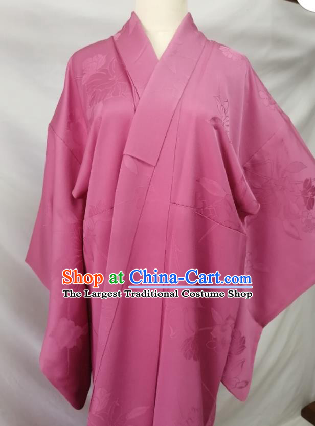 Japan Young Lady Garment Costume Kyoto Pink Silk Yukata Dress Traditional Flowers Pattern Iromuji Kimono Clothing