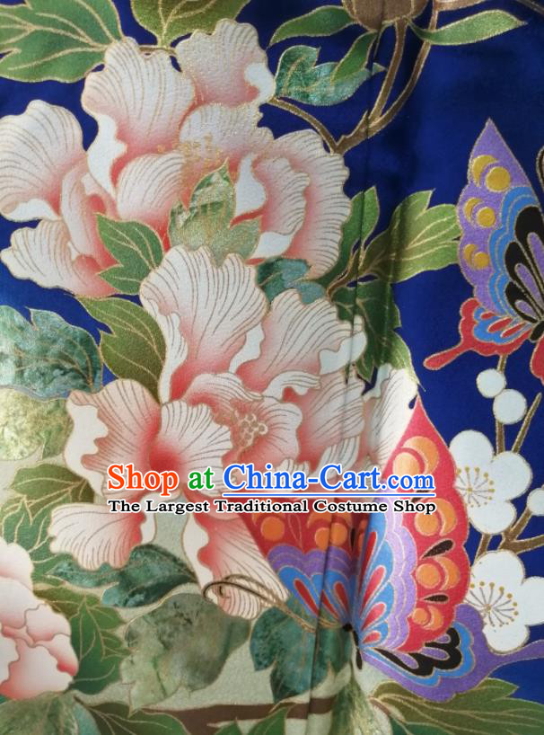Japan Traditional Peony Plum Pattern Furisode Kimono Clothing Court Empress Garment Costume Kyoto Deep Blue Yukata Dress