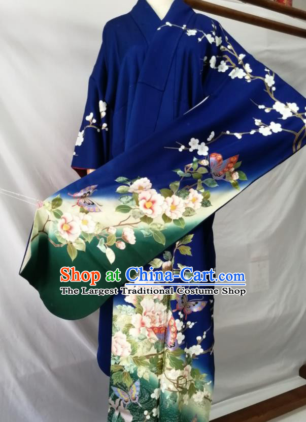 Japan Traditional Peony Plum Pattern Furisode Kimono Clothing Court Empress Garment Costume Kyoto Deep Blue Yukata Dress